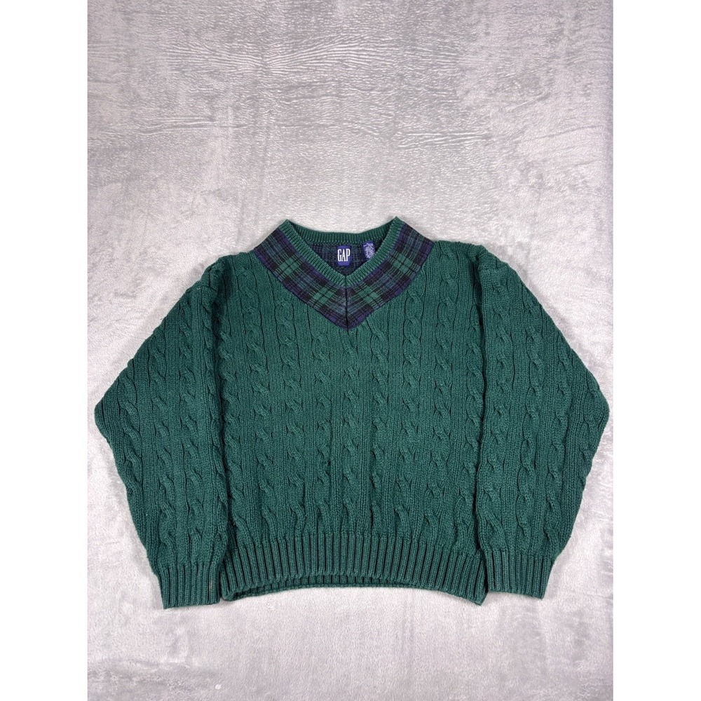 Vintage 90s Gap Cable Sweater Mens XL Green Black Watch Plaid V-Neck 1990s